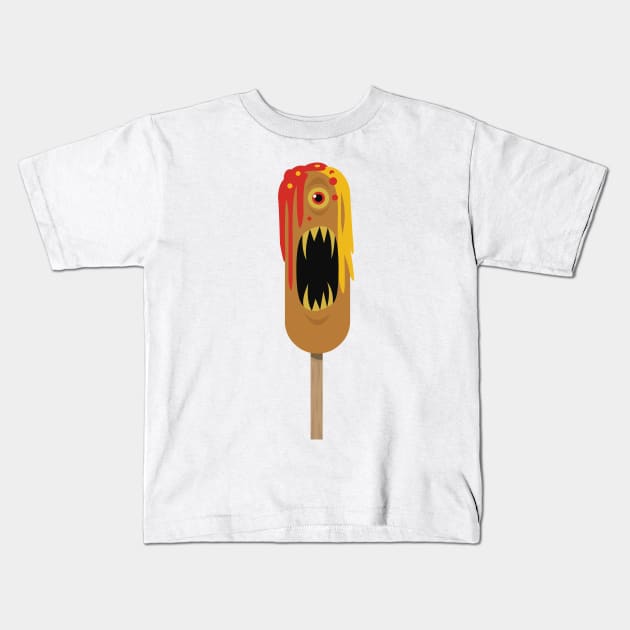 CORNDOG MONSTER WITH CONDIMENTS Kids T-Shirt by machinegunpunker